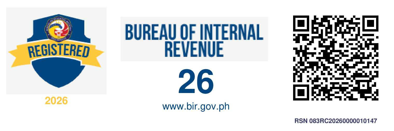 BIR Registration Seal Badge, RSN 083RC20260000010147, with a QR code to verify the registration