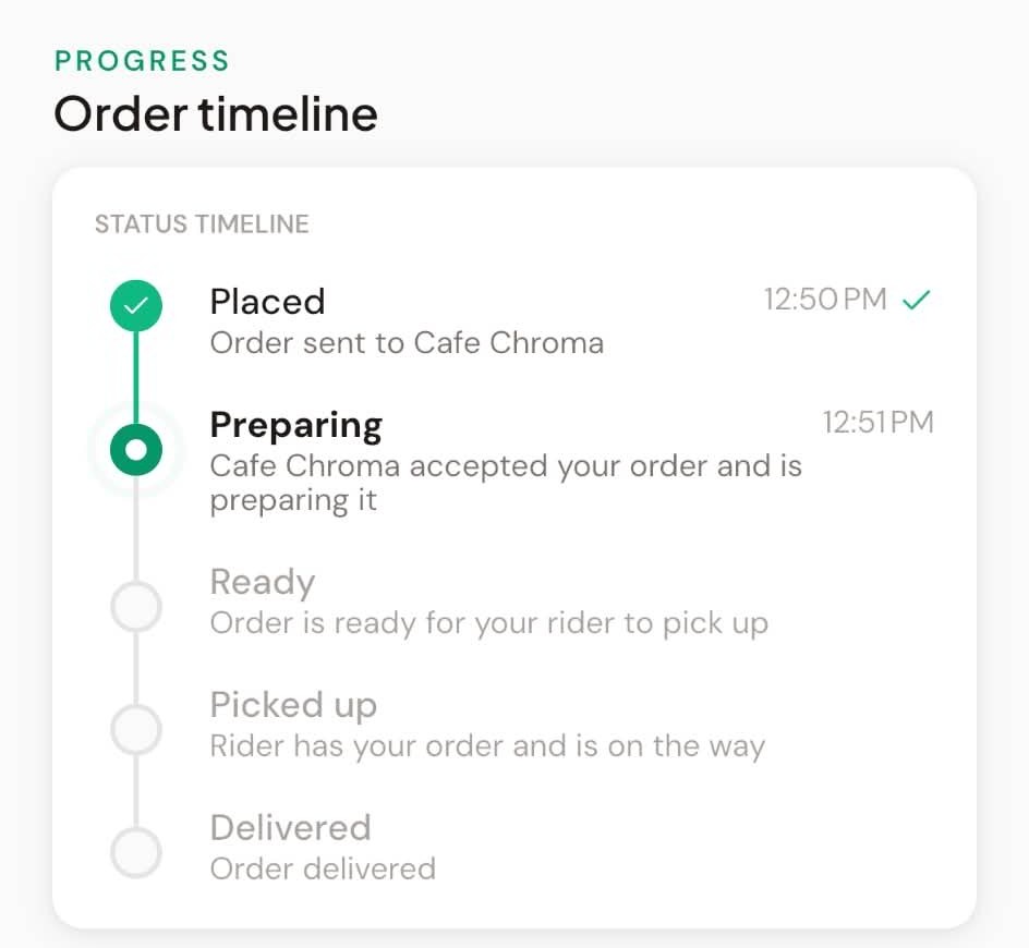 An order in the Toleds app, placed and being prepared, with ready, picked up, and delivered still to come.